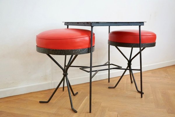 Hungarian Ceramic Side Table & Red Stools, 1969, Set of 3-HYJ-750731