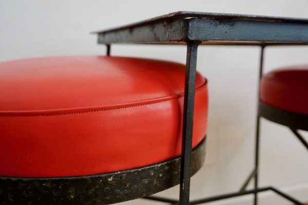 Hungarian Ceramic Side Table & Red Stools, 1969, Set of 3-HYJ-750731