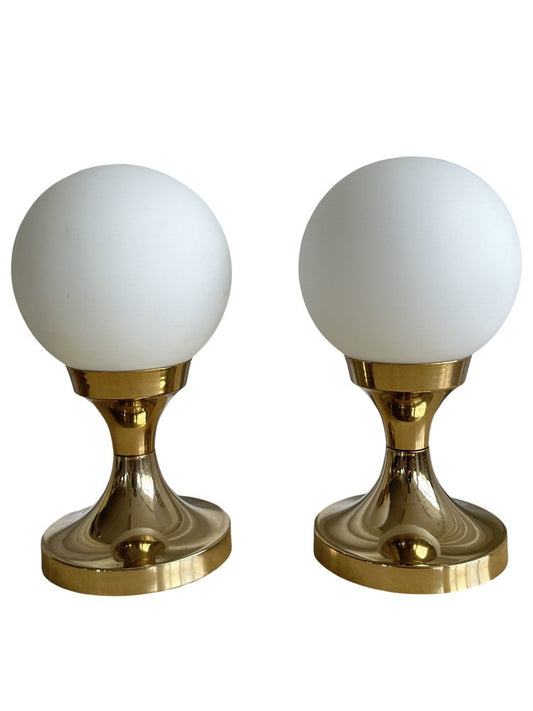 Hungarian Industrial Table Lamp with Tulip Shaped Brass Base and Spherical Milk Glass Shade, 1970s