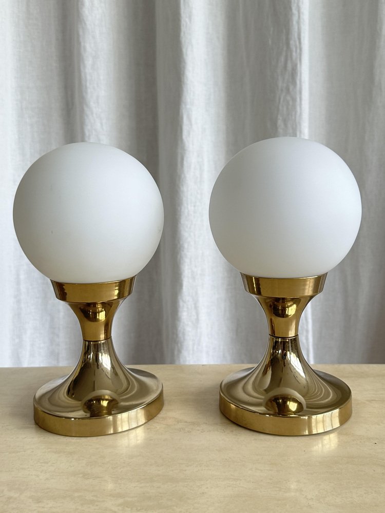 Hungarian Industrial Table Lamp with Tulip Shaped Brass Base and Spherical Milk Glass Shade, 1970s