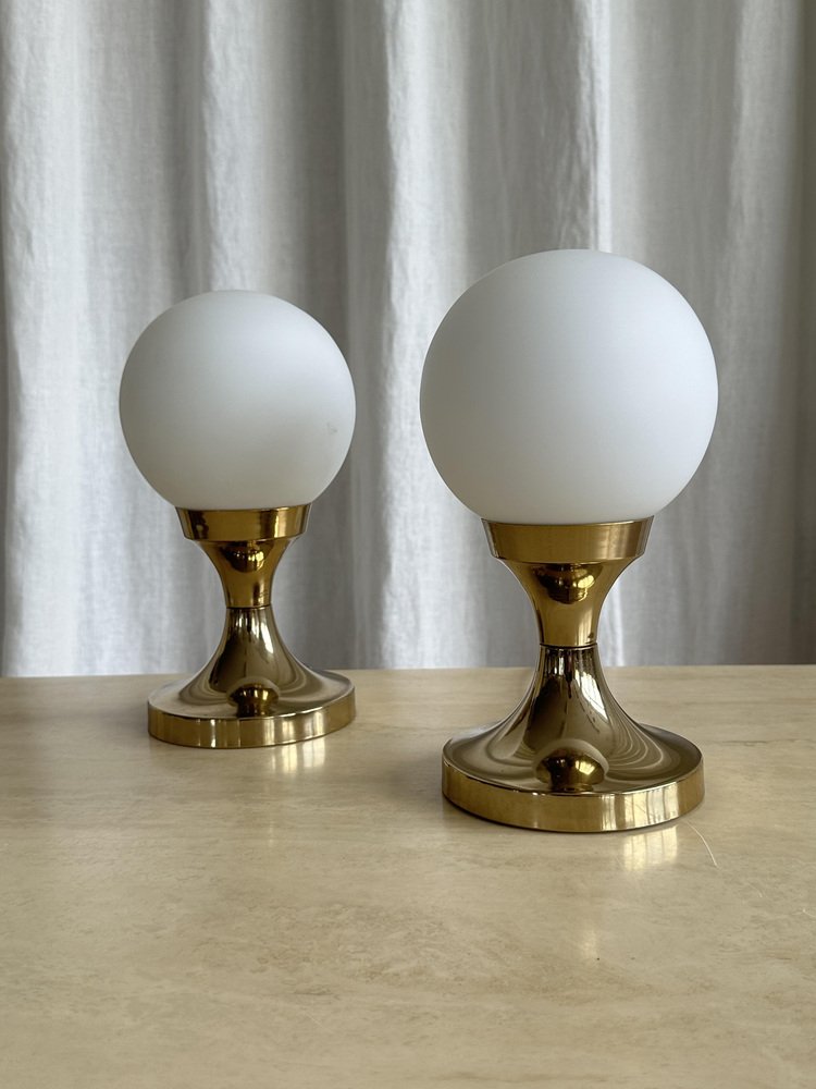 Hungarian Industrial Table Lamp with Tulip Shaped Brass Base and Spherical Milk Glass Shade, 1970s