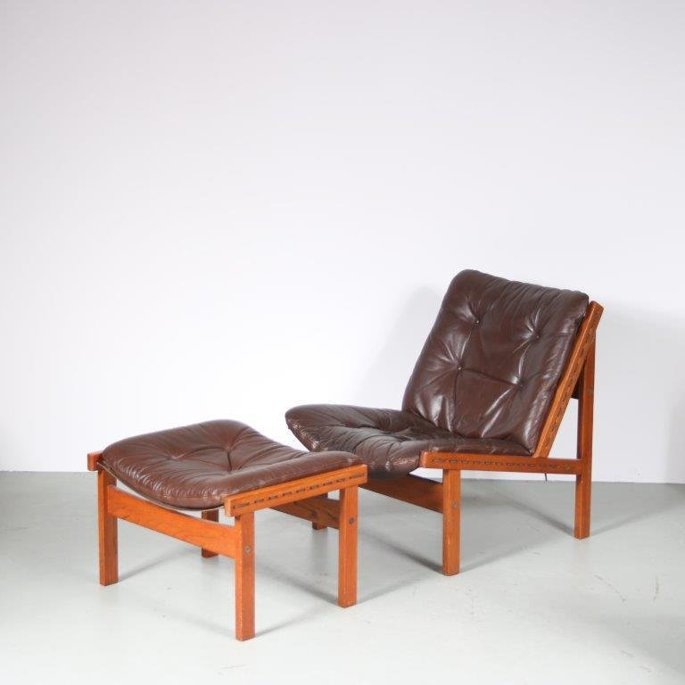 Hunting Chair + Ottoman by Torbjorn Afdal for Bruksbo, Norway, 1960s, Set of 2