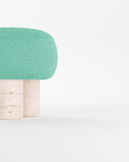 Hygge Stool in Boucle Teal Fabric and Travertino by Saccal Design House for Collector