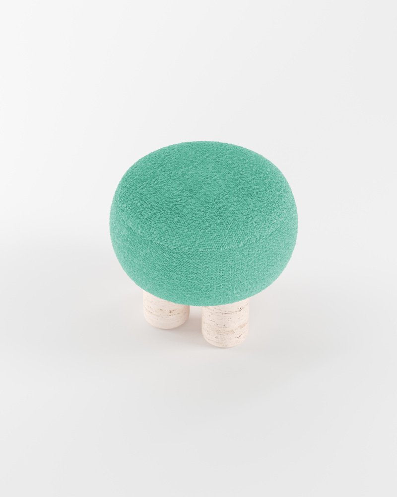 Hygge Stool in Boucle Teal Fabric and Travertino by Saccal Design House for Collector