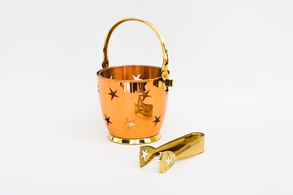 Ice Bucket with Ice Tongs in Copper and Brass and Internal Glass Cup, 1950s-SPD-958057