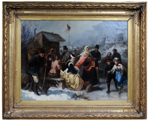 Ice Skating Princess, Germany, 19th Century, Oil on Canvas, Framed-FLW-1402216