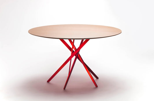 IKI Table with Red Lacquered Base & Oak Veneer Top by Marco Zanuso Jr. for Adentro