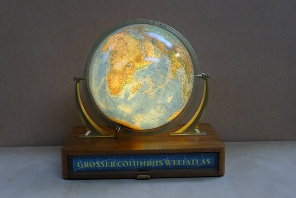 Illuminated Glass Globe with Semi-Gimbal Suspension & Large Atlas in Drawer from Columbus Oestergaard, 1960s-VRE-850146