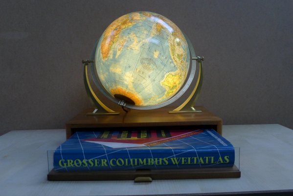 Illuminated Glass Globe with Semi-Gimbal Suspension & Large Atlas in Drawer from Columbus Oestergaard, 1960s-VRE-850146