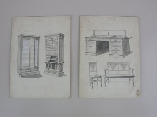 Illustrations from Furniture Archive, Early 20th Century, Original Pencil Drawings, Set of 2