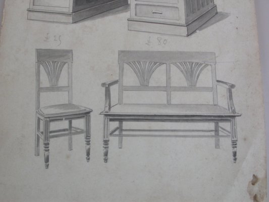 Illustrations from Furniture Archive, Early 20th Century, Original Pencil Drawings, Set of 2-CNH-1800333