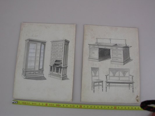 Illustrations from Furniture Archive, Early 20th Century, Original Pencil Drawings, Set of 2-CNH-1800333