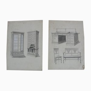 Illustrations from Furniture Archive, Early 20th Century, Original Pencil Drawings, Set of 2-CNH-1800333