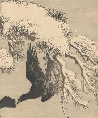 Imao Keinen, Double-Page Ravens Alight on a Bench Beneath a Snowy Pine from Keinen Kacho Gafu, 1892, Woodblock Print-YWW-2035986