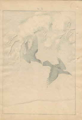 Imao Keinen, Double-Page Ravens Alight on a Bench Beneath a Snowy Pine from Keinen Kacho Gafu, 1892, Woodblock Print-YWW-2035986