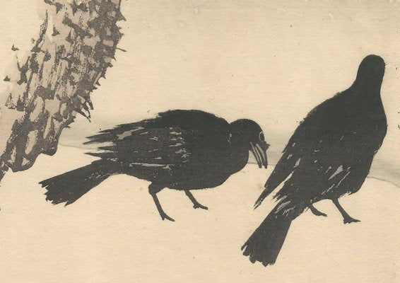 Imao Keinen, Double-Page Ravens Alight on a Bench Beneath a Snowy Pine from Keinen Kacho Gafu, 1892, Woodblock Print-YWW-2035986