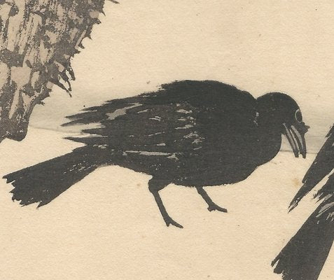 Imao Keinen, Double-Page Ravens Alight on a Bench Beneath a Snowy Pine from Keinen Kacho Gafu, 1892, Woodblock Print-YWW-2035986