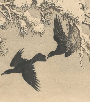 Imao Keinen, Double-Page Ravens Alight on a Bench Beneath a Snowy Pine from Keinen Kacho Gafu, 1892, Woodblock Print-YWW-2035986