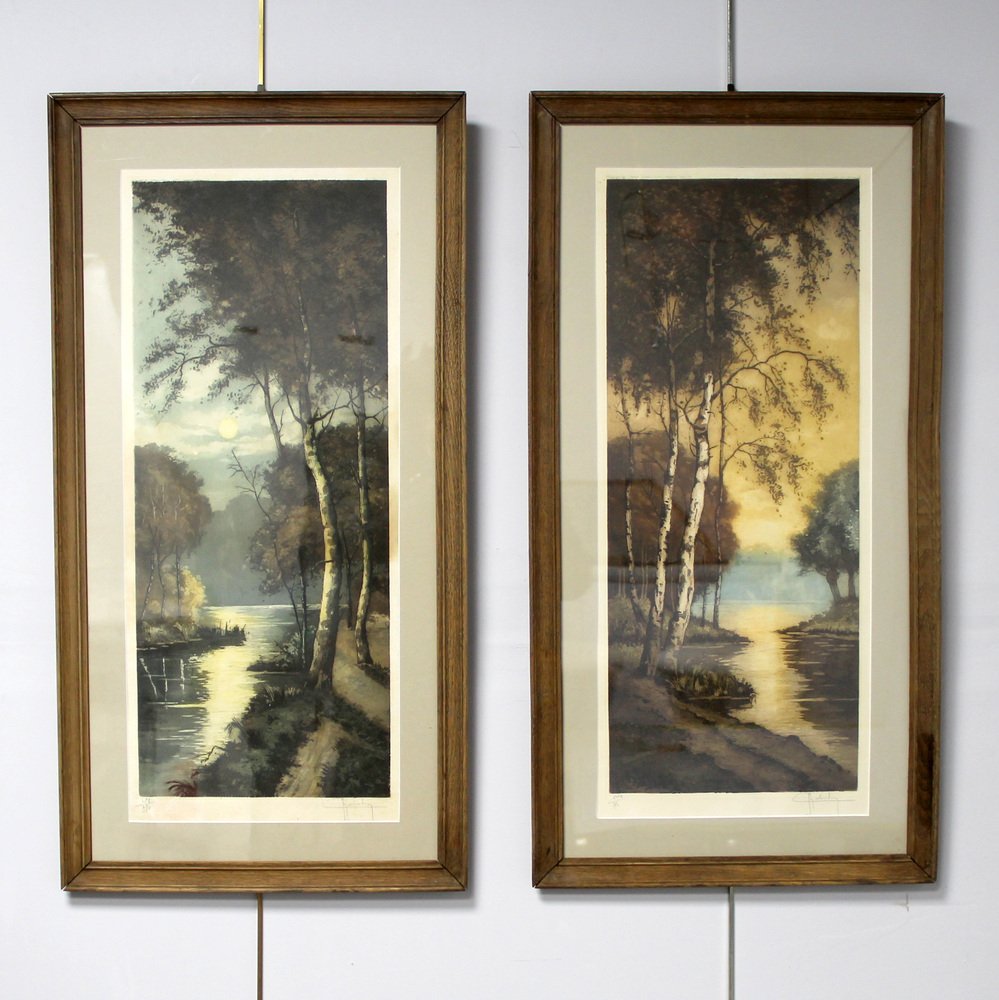 Impressionist Artist, Lake Scenes, 20th Century, Lithographs, Framed, Set of 2