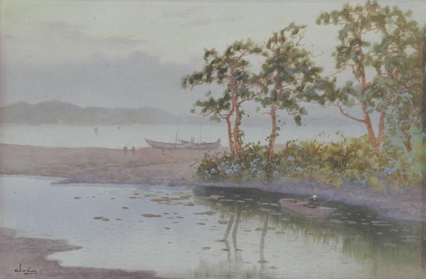 Impressionist Artist, Lakeside Evening, 1920s, Watercolor-ARU-1392548