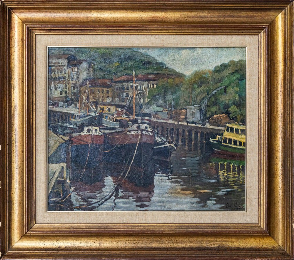 Impressionist Harbour Scene, 1960s, Oil on Canvas, Framed