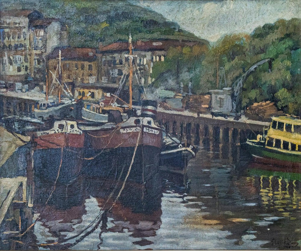 Impressionist Harbour Scene, 1960s, Oil on Canvas, Framed