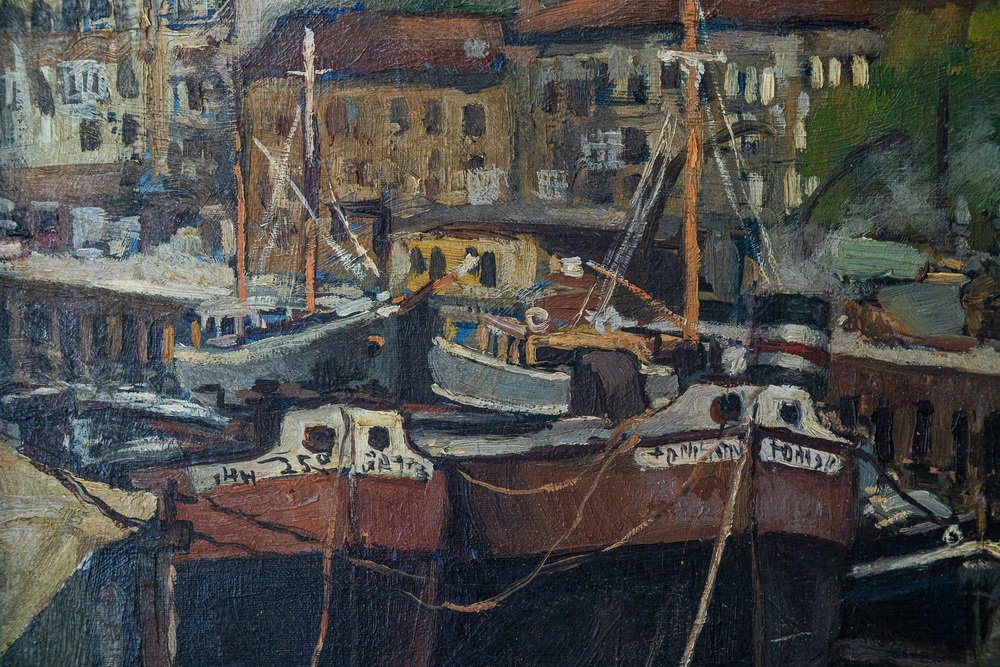 Impressionist Harbour Scene, 1960s, Oil on Canvas, Framed