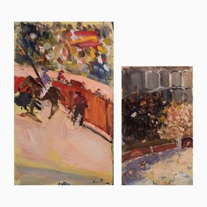 Impressionist Sketches of a Bullfight, 20th-Century, Oil on Board, Set of 2-AOI-1180034