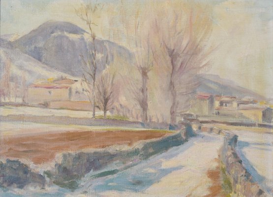 Impressionist Snowscape with Mountain Village, 1930s, Oil on Canvas, Framed-AOI-1106932