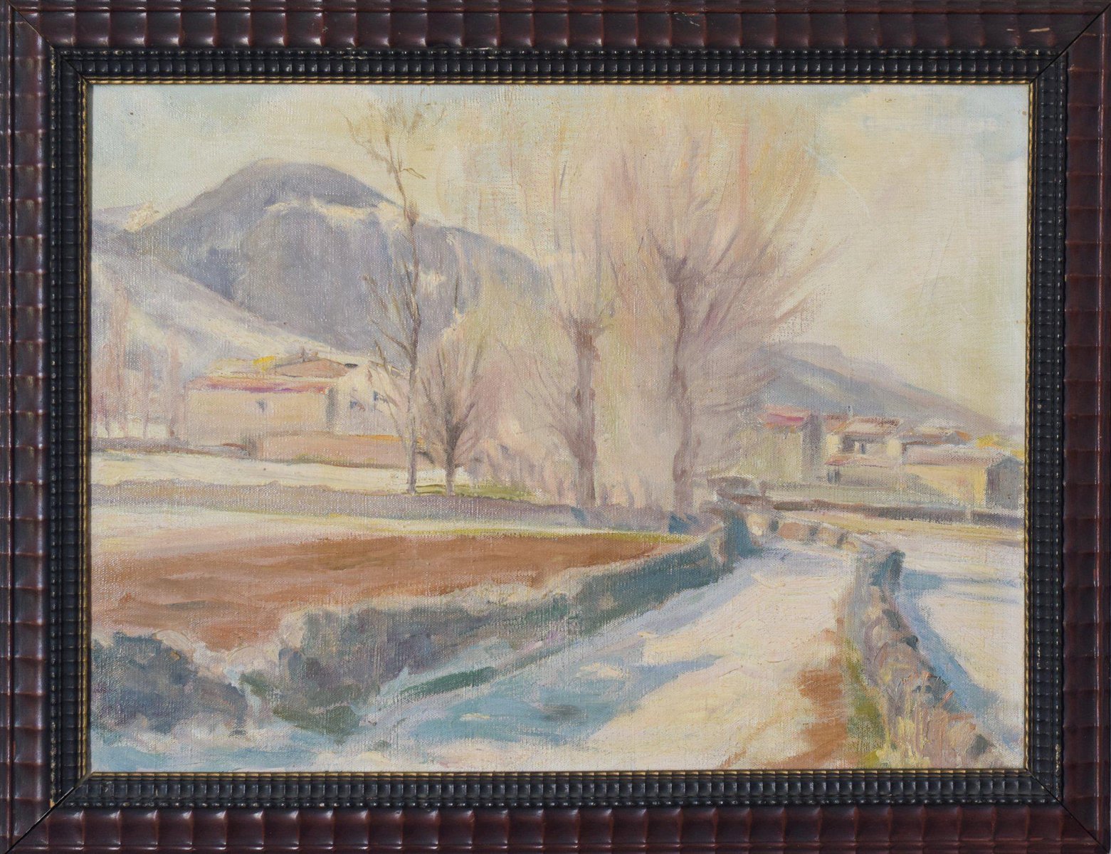 Impressionist Snowscape with Mountain Village, 1930s, Oil on Canvas, Framed