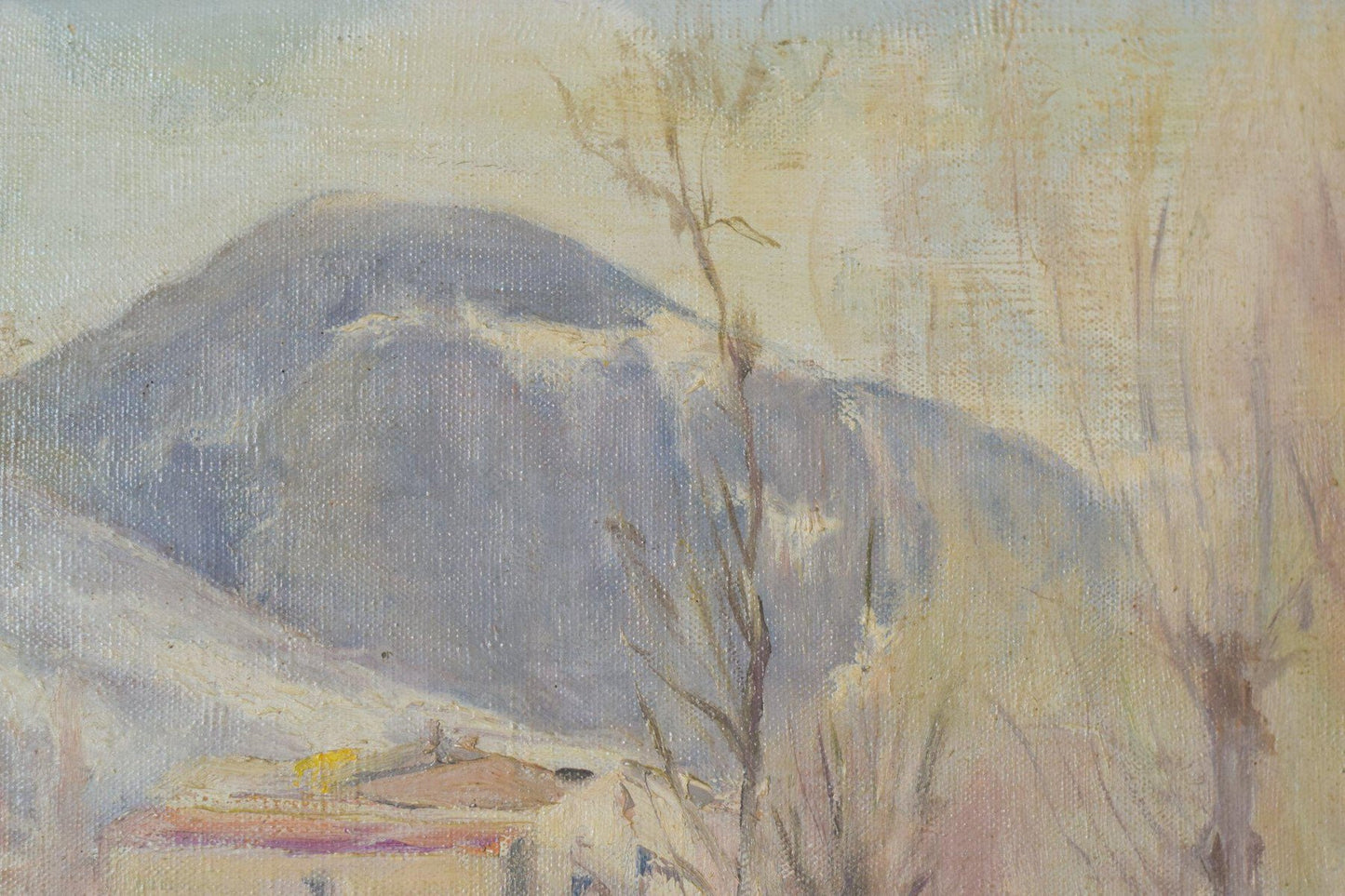 Impressionist Snowscape with Mountain Village, 1930s, Oil on Canvas, Framed