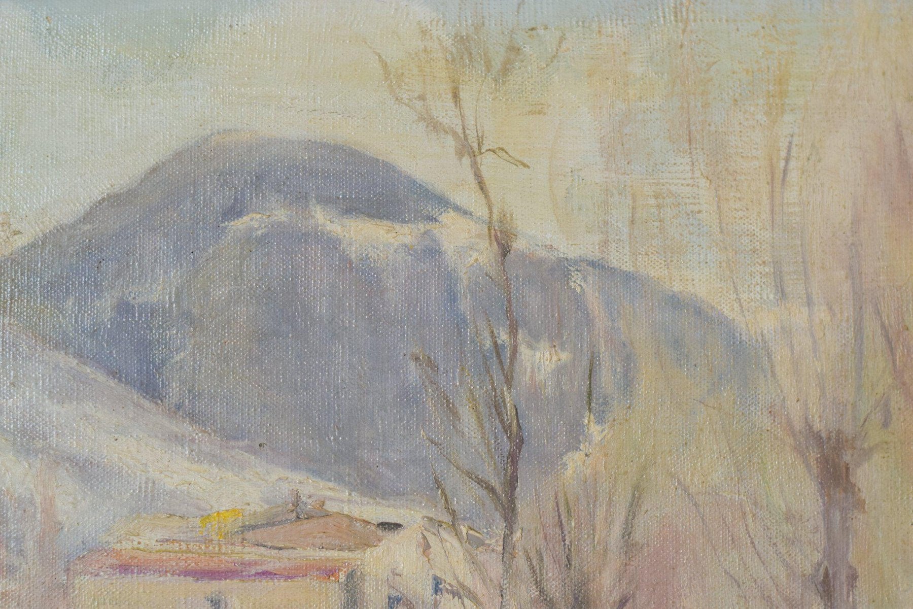 Impressionist Snowscape with Mountain Village, 1930s, Oil on Canvas, Framed