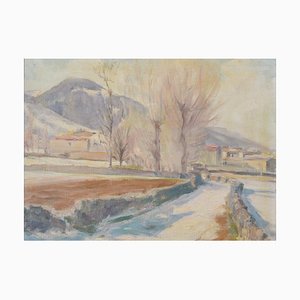 Impressionist Snowscape with Mountain Village, 1930s, Oil on Canvas, Framed-AOI-1106932