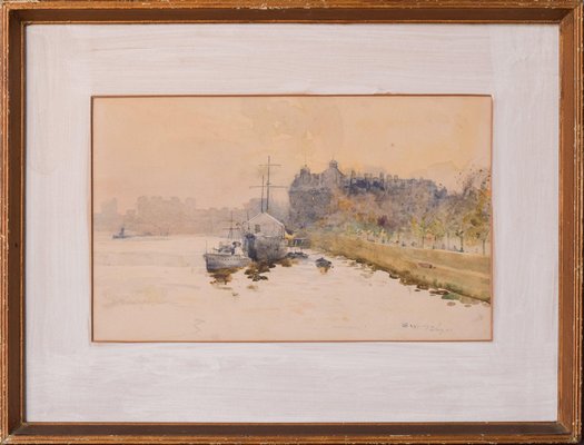 Impressionist Temple Pier London, 1910s, Watercolour on Canvas, Framed-AOI-1144902