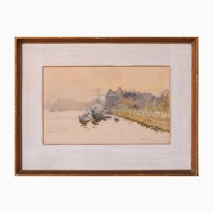 Impressionist Temple Pier London, 1910s, Watercolour on Canvas, Framed-AOI-1144902