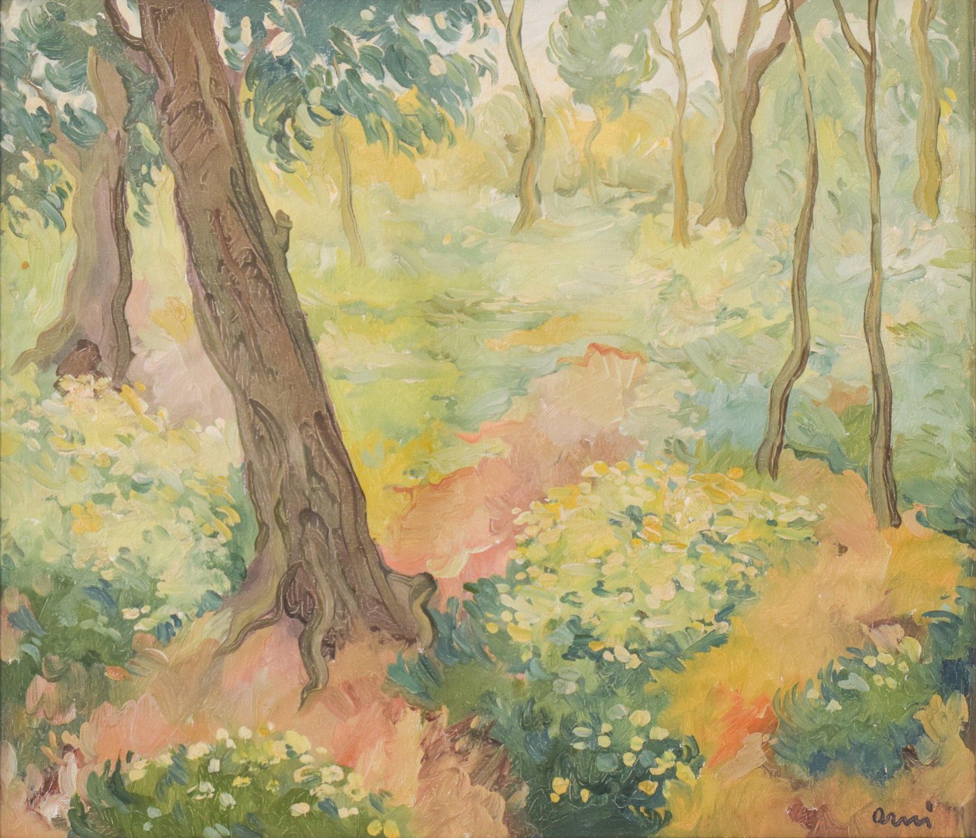 Impressionist Wooded Landscape with Flowers, Late 20th-Century, Oil on Board, Framed