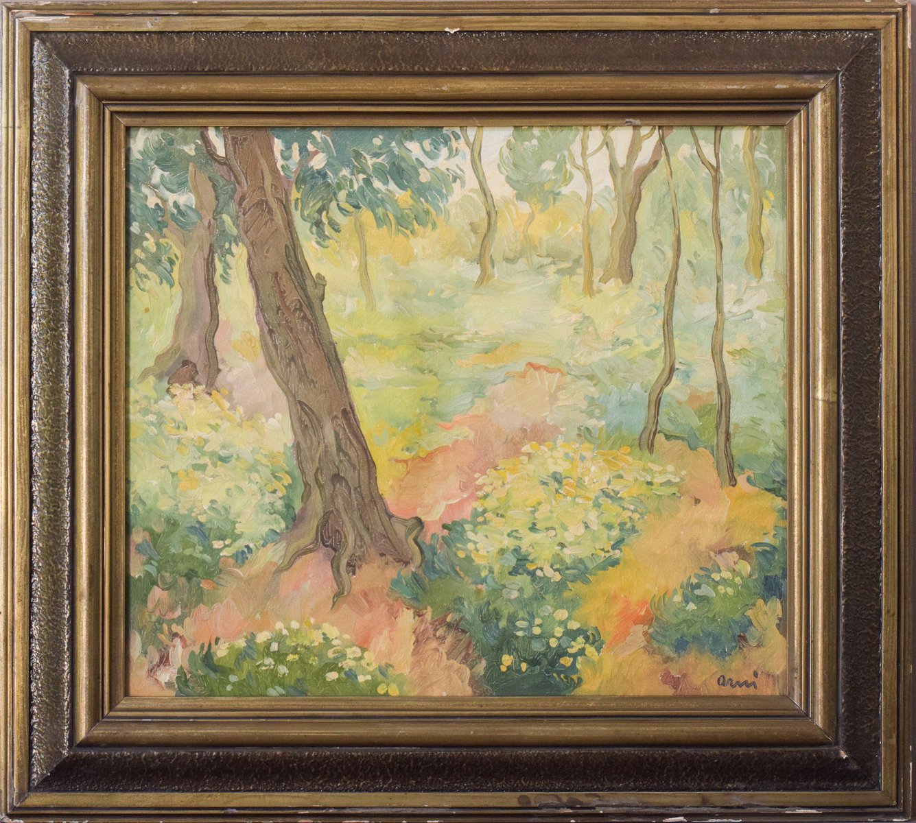 Impressionist Wooded Landscape with Flowers, Late 20th-Century, Oil on Board, Framed