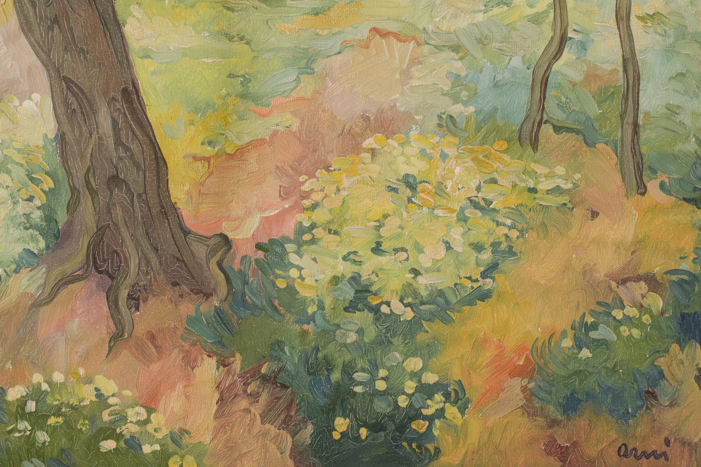 Impressionist Wooded Landscape with Flowers, Late 20th-Century, Oil on Board, Framed