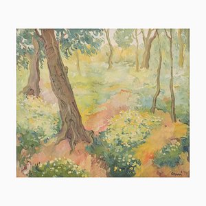 Impressionist Wooded Landscape with Flowers, Late 20th-Century, Oil on Board, Framed-AOI-1106649