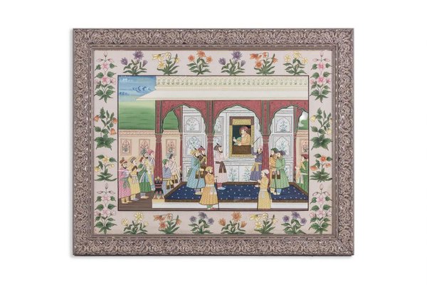 Indian Style Palatial Scene, 1950s, Watercolor on Silk, Framed-CEJ-1808245