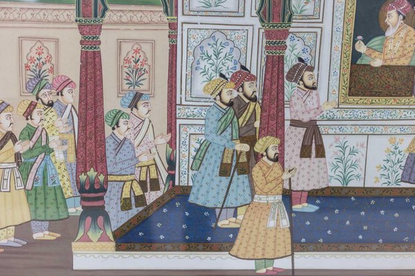 Indian Style Palatial Scene, 1950s, Watercolor on Silk, Framed-CEJ-1808245