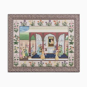 Indian Style Palatial Scene, 1950s, Watercolor on Silk, Framed-CEJ-1808245