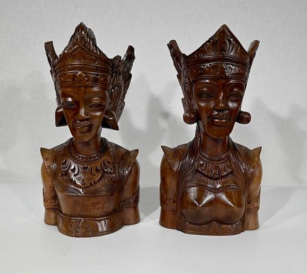 Indonesian Dancer Sculptures in Massive Wood, 20th-Century, Set of 2-RVK-1348317