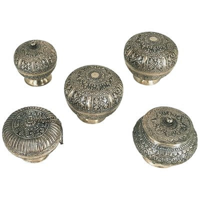 Indonesian Repoussé Silver Globular Vessels with Lids, Set of 5-ZCI-752744