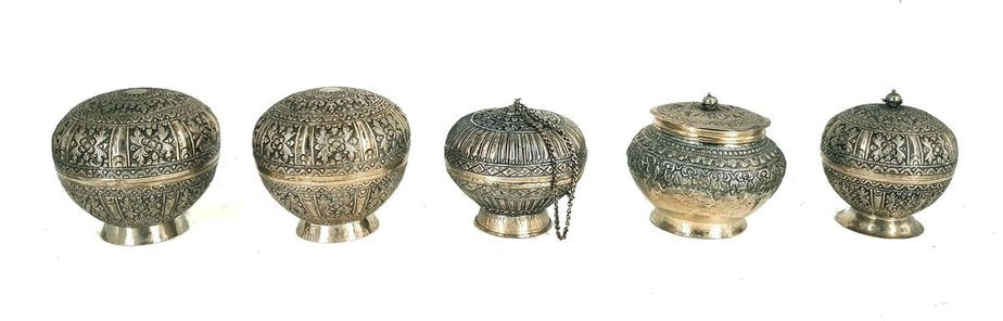 Indonesian Repoussé Silver Globular Vessels with Lids, Set of 5-ZCI-752744