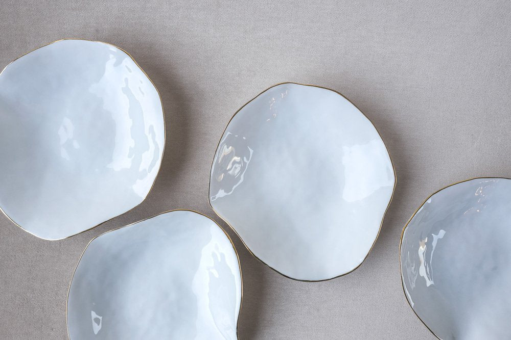 Indulge Nº5 Small White Handmade Porcelain Plates with 24-Carat Golden Rim by Sarah-Linda Forrer, Set of 4