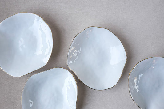 Indulge Nº5 Small White Handmade Porcelain Plates with 24-Carat Golden Rim by Sarah-Linda Forrer, Set of 4