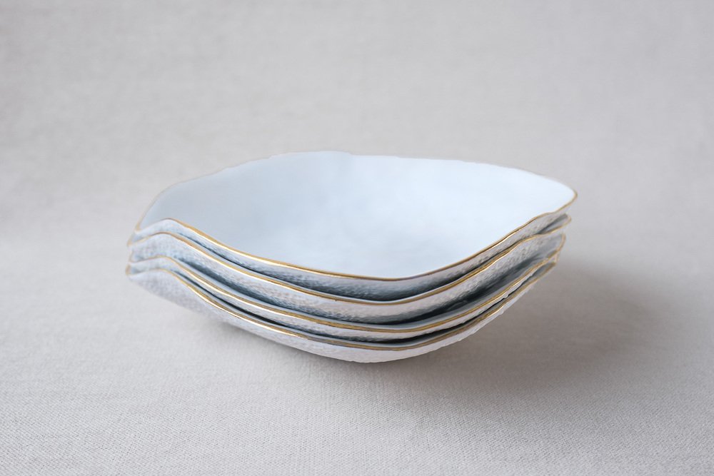 Indulge Nº5 Small White Handmade Porcelain Plates with 24-Carat Golden Rim by Sarah-Linda Forrer, Set of 4