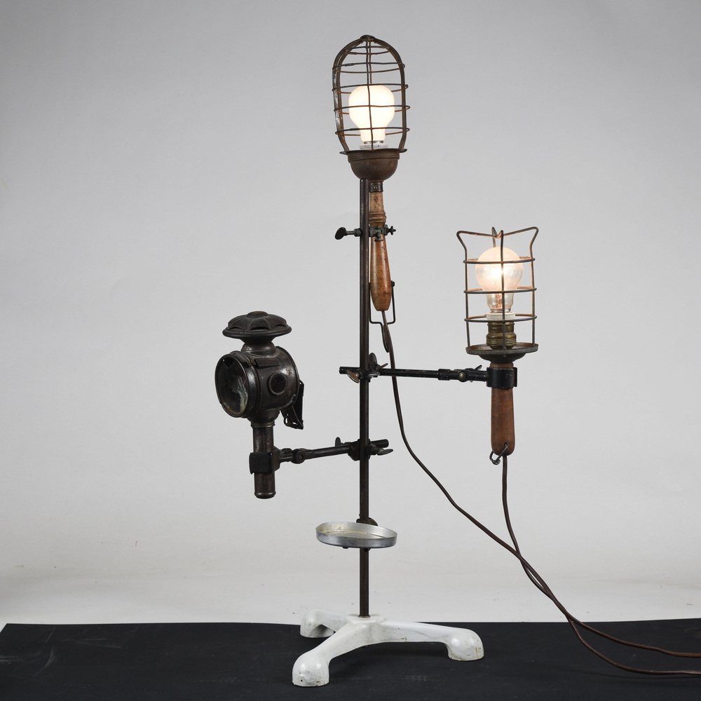 Industrial 3-Light Metal Table Lamp, Early 20th Century