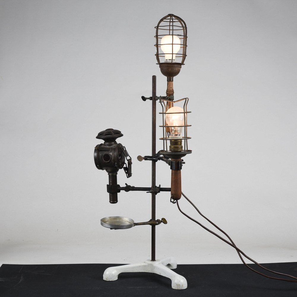 Industrial 3-Light Metal Table Lamp, Early 20th Century